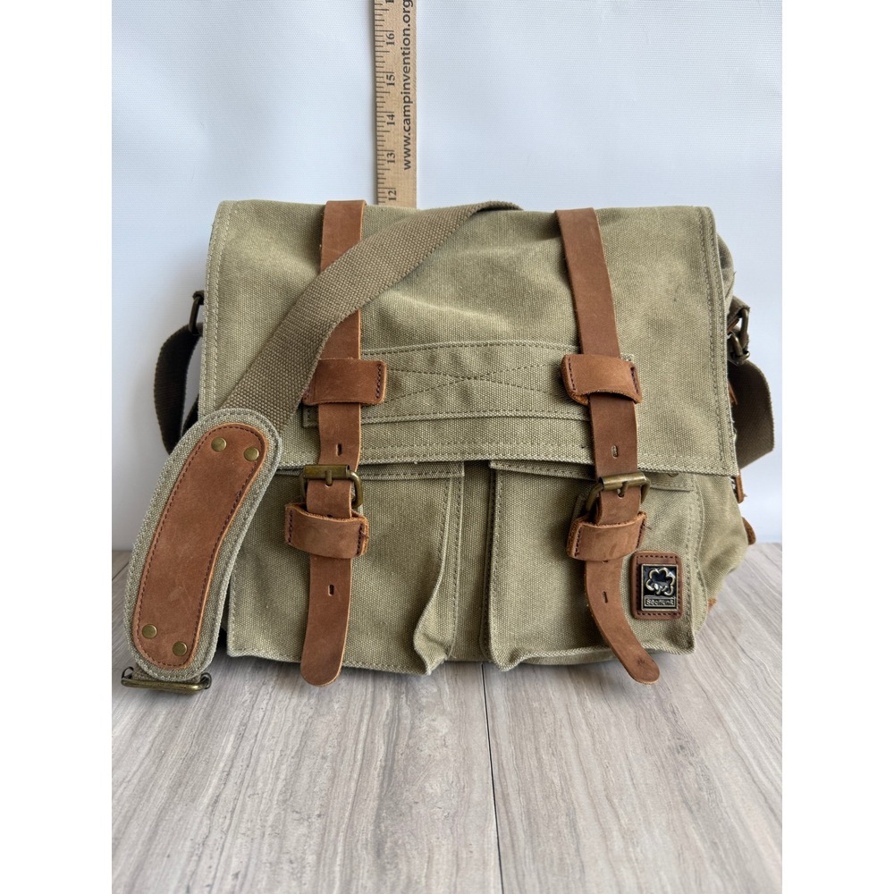 Sechunk Messenger Bag Olive Green Canvas Leather Trim Vintage Military Travel